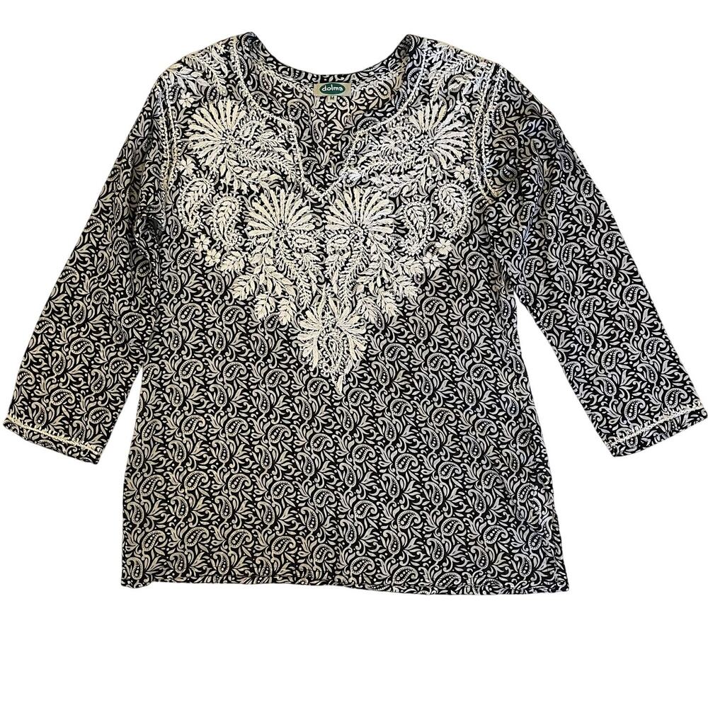 Dolma Embroidered Tunic Top Medium Paisley Black White Boho Resort Cotton Beachy